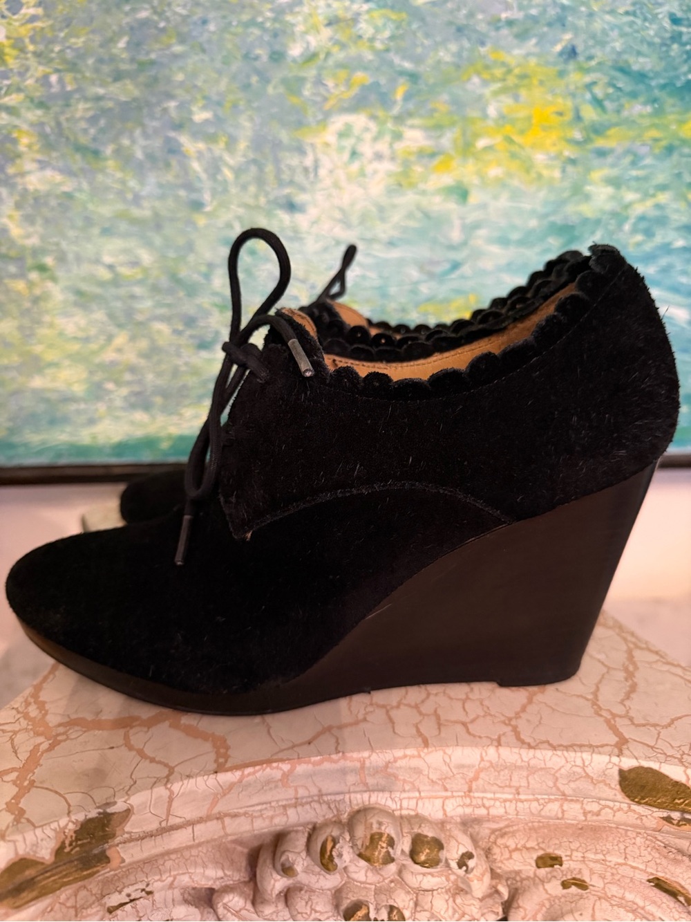 Jack Rogers Black Suede Lace-Up Wedge Shoes - Women's